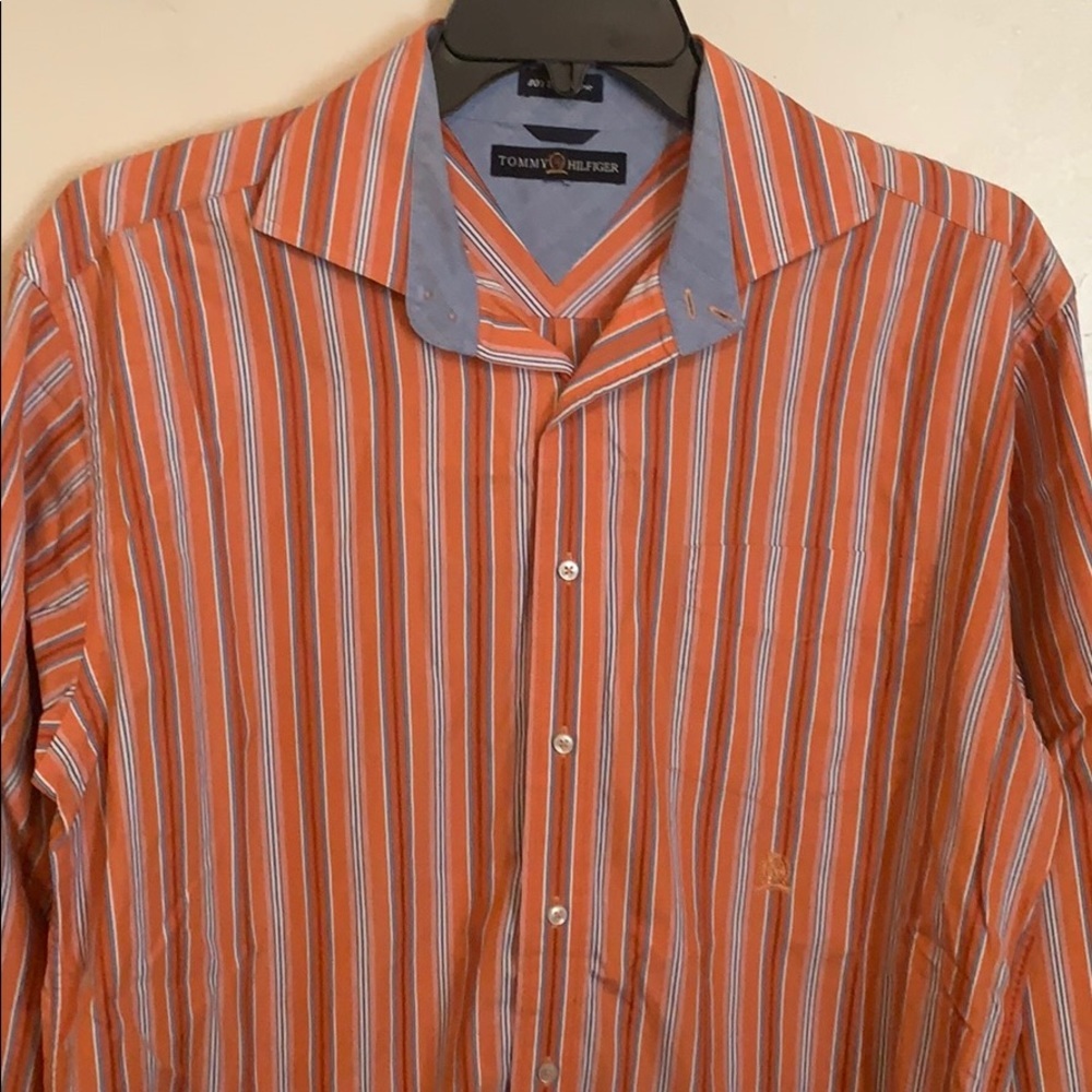 Tommy Hilfiger Mens Orange Striped 80's 2 Ply‎ Fabric Button Up Shirt XL